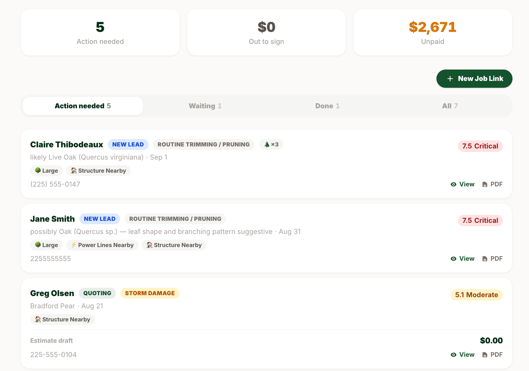 ArborScout dashboard showing tree care leads organized by status and risk score