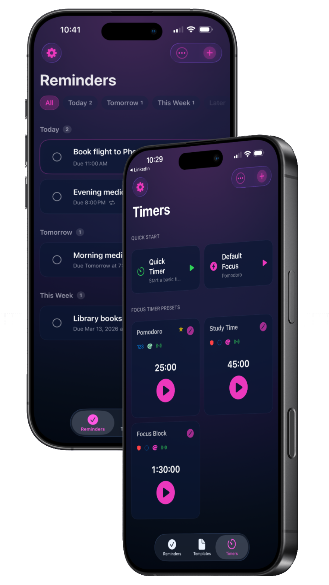 TaskWarden reminders and focus timers shown on two iPhones